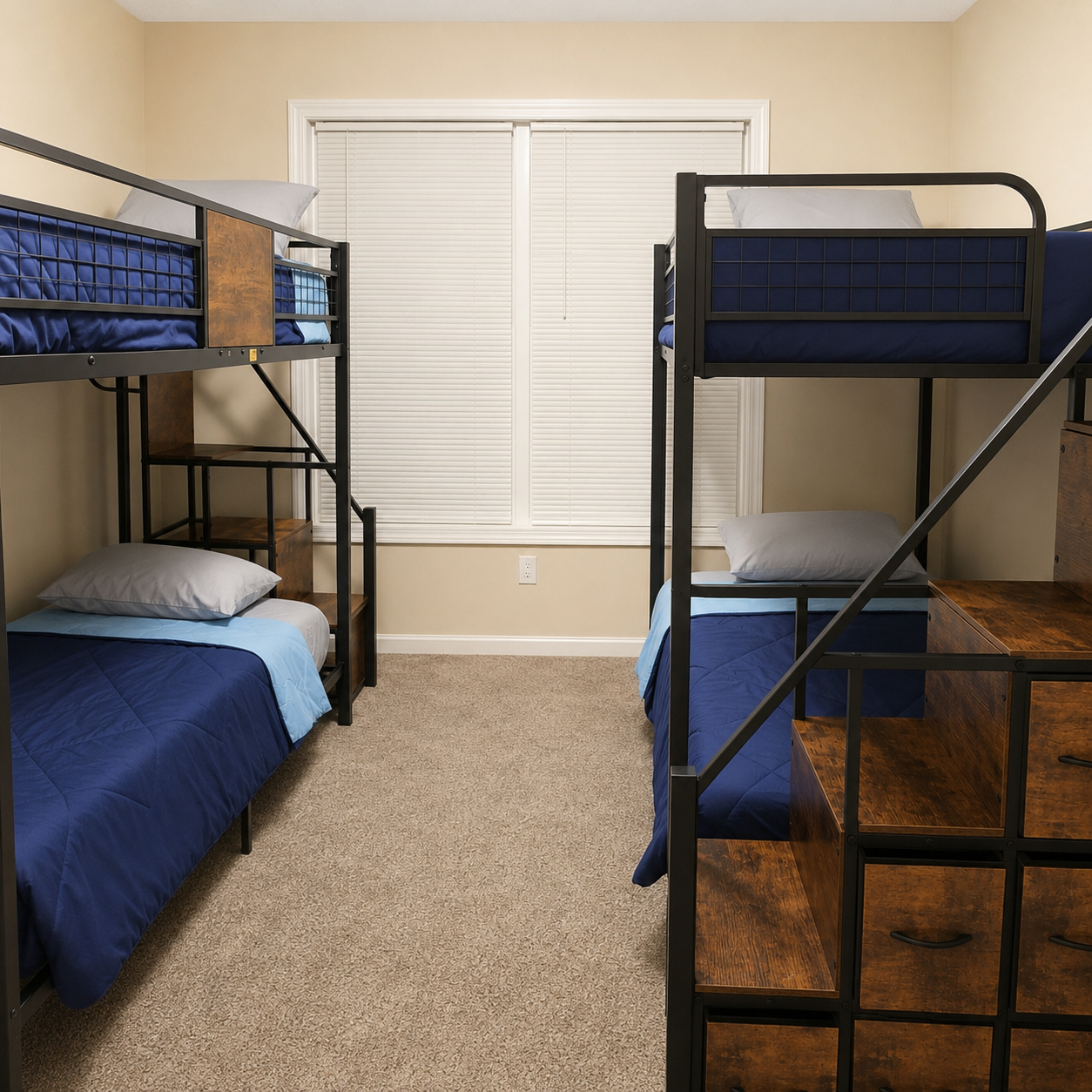 Comfortable shared crew room with two bunk beds and navy bedding